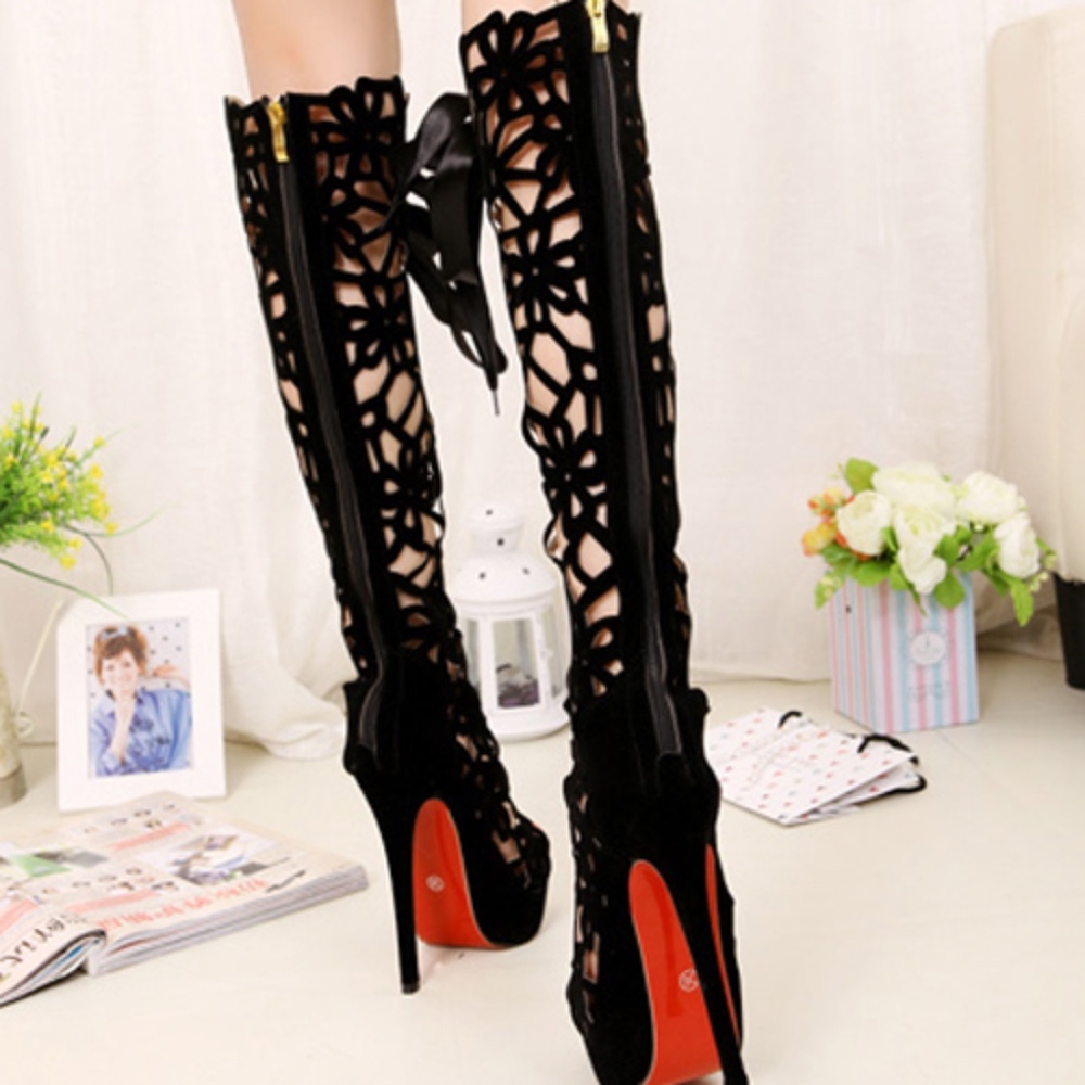 Black Lace up Cut out Knee Boot Zipper Back
